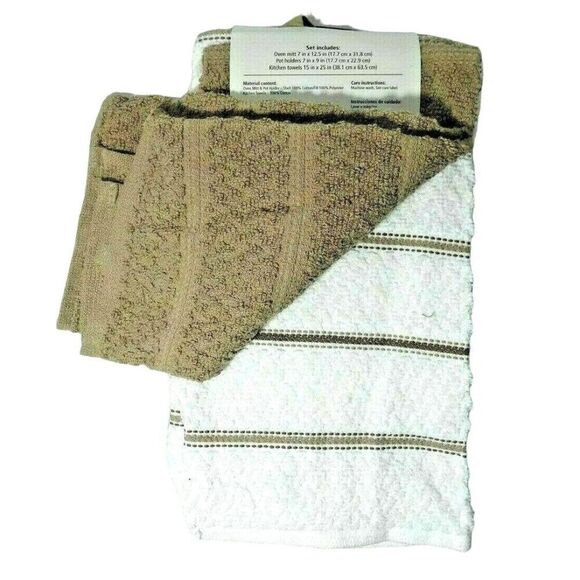 Brown White Tan Kitchen Towels Oven Mitt Potholders Cotton Solid Stripe 5-Piece - Picture 2 of 2